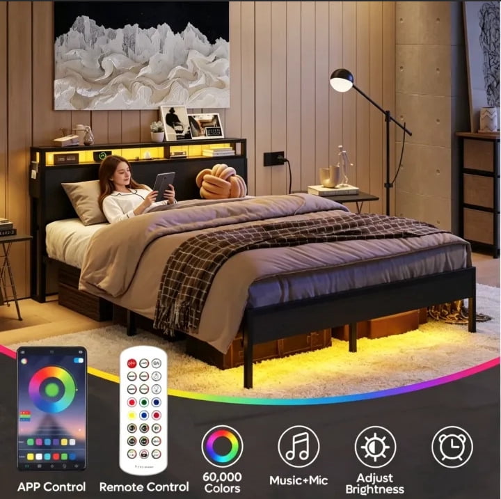Bestier Full Size Bed Frame with Charging Station and 2 USB Ports and Outlets,LED Light Storage Headboard,Noise Free Design, Black