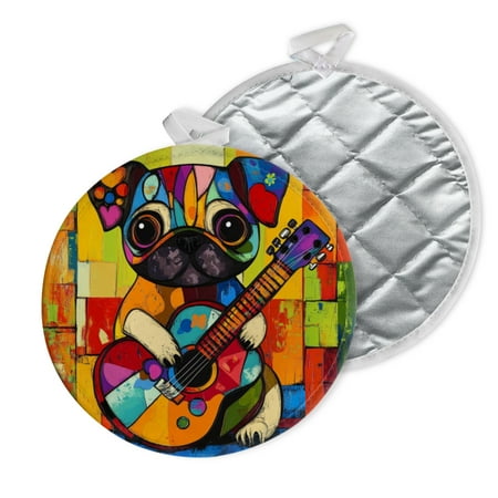 

2 PCS Pot Holders for Kitchen Potholders Sets with Hook for Oven Cooking Baking Colorful Pug With Guitar