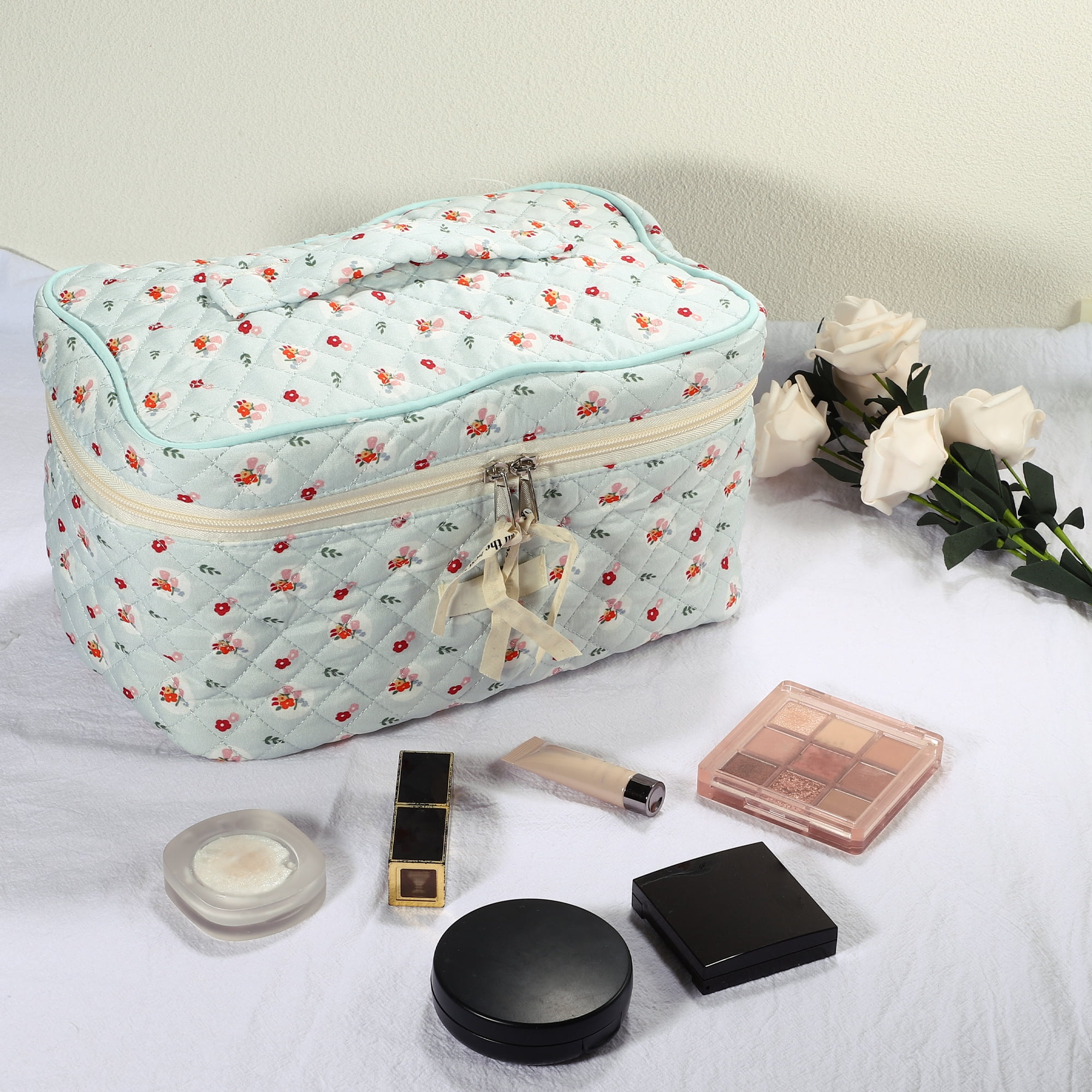 Unique Bargains Cotton Makeup Bag Large Travel Cosmetic Bag Quilted Toiletry Bag Blue