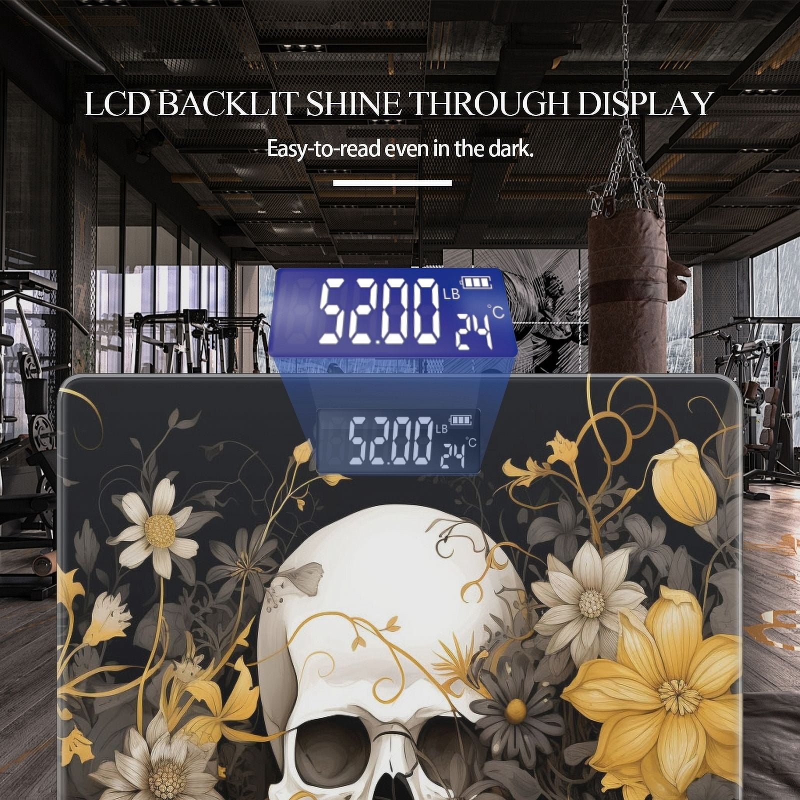 High Precision Body Weight Scale Smart Bathroom Scales with Large LCD Display(400lbs),Decorative for Bedroom-Skull Surrounded By Yellow And White Flowers
