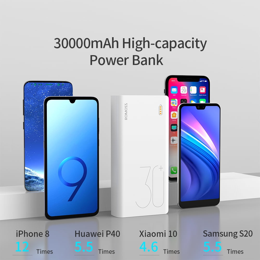 ROMOSS 30000mAh Power Bank Type-C 18W PD QC Fast Charge Battery Max 3A Port 3USB