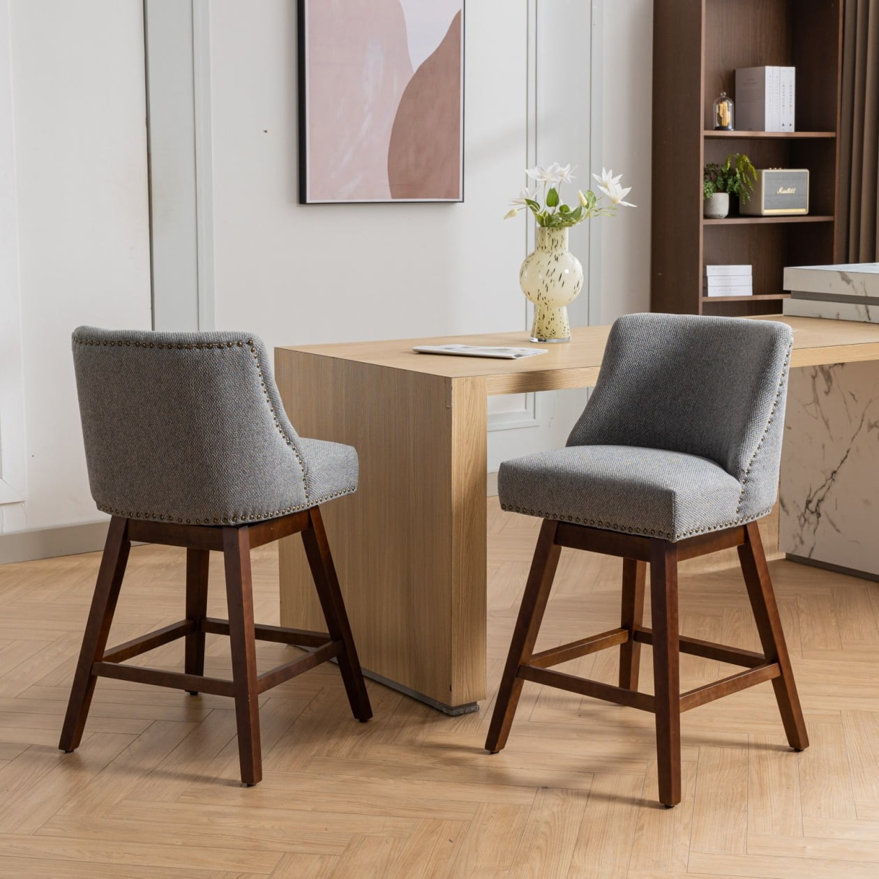 Swivel Bar Stools Set of 2, 26" Counter Height Bar Stools with Back & Footrest, Upholstered Kitchen Island Chairs with Built-in Nailhead Trim for Home Bar, Pub, Gray