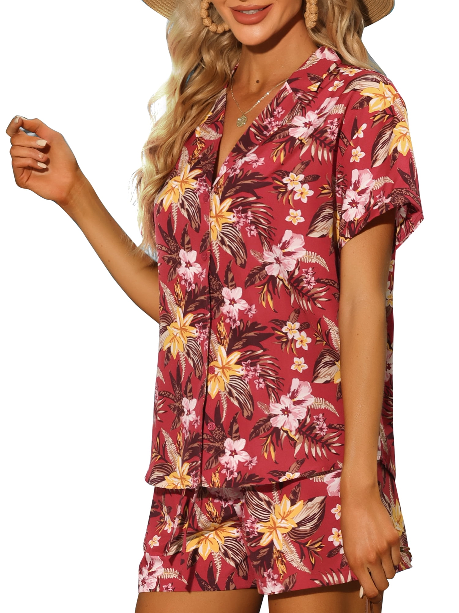 Unique Bargains Women Hawaiian Tropical 2023 Summer Button Down Sets XL Red