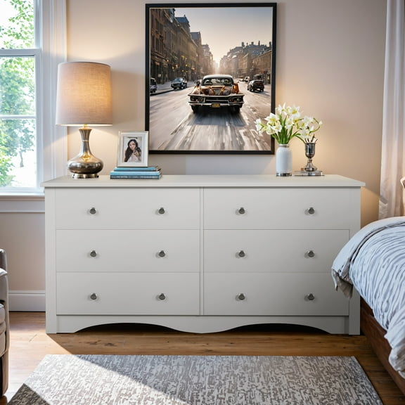 Vineego 6-Drawer Wide Dresser - Classic Traditional Double Dresser with Deep Storage,Cream White Finish for Bedroom