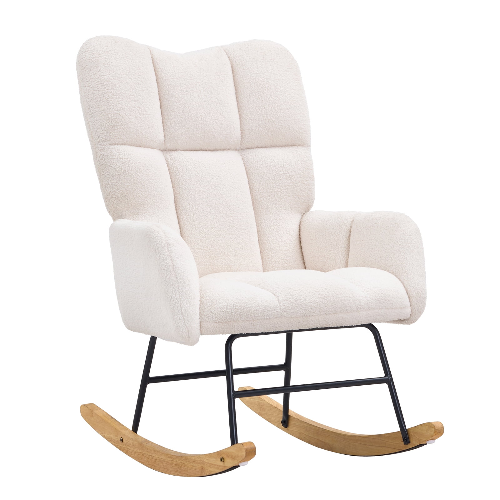 KFFKFF Nursery Rocker Chair, Glide Rocker with Cushioned Seat and Tall Back Support, 250 lbs Load Limit Teddy Fabric, Padded Glide Rocking Chair for Nursery, Bedroom, Living Room, Creamy White