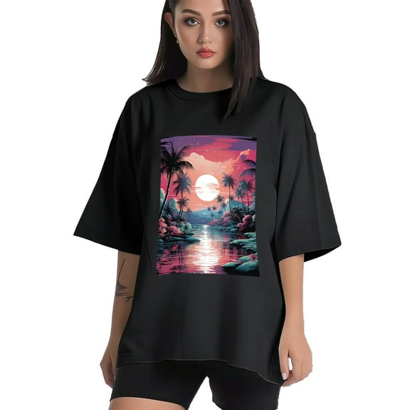 Plus Size Shirt for Women Black Tops for Women Short Sleeves Shirt for Women Vintage Landscape T Shirt Crewneck Shirt for Women XS