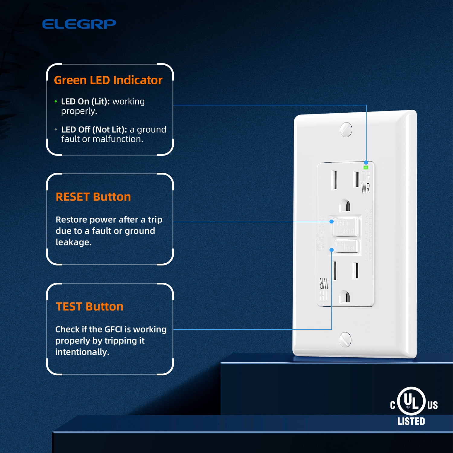 ELEGRP GFCI Outlet Outdoor, 15 Amp Electrical Outlet, Weather & Tamper Resistant GFCI Receptacle, Ground Fault Receptacle with Screwless Wall Plate, UL Listed, White 10PC