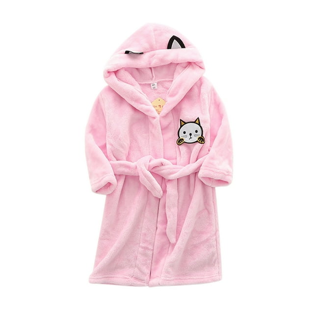 Hiiyo Little Girls Flannel Hooded Bathrobe Cute Cartoon Cat Warm Sleepwear Night-Robe