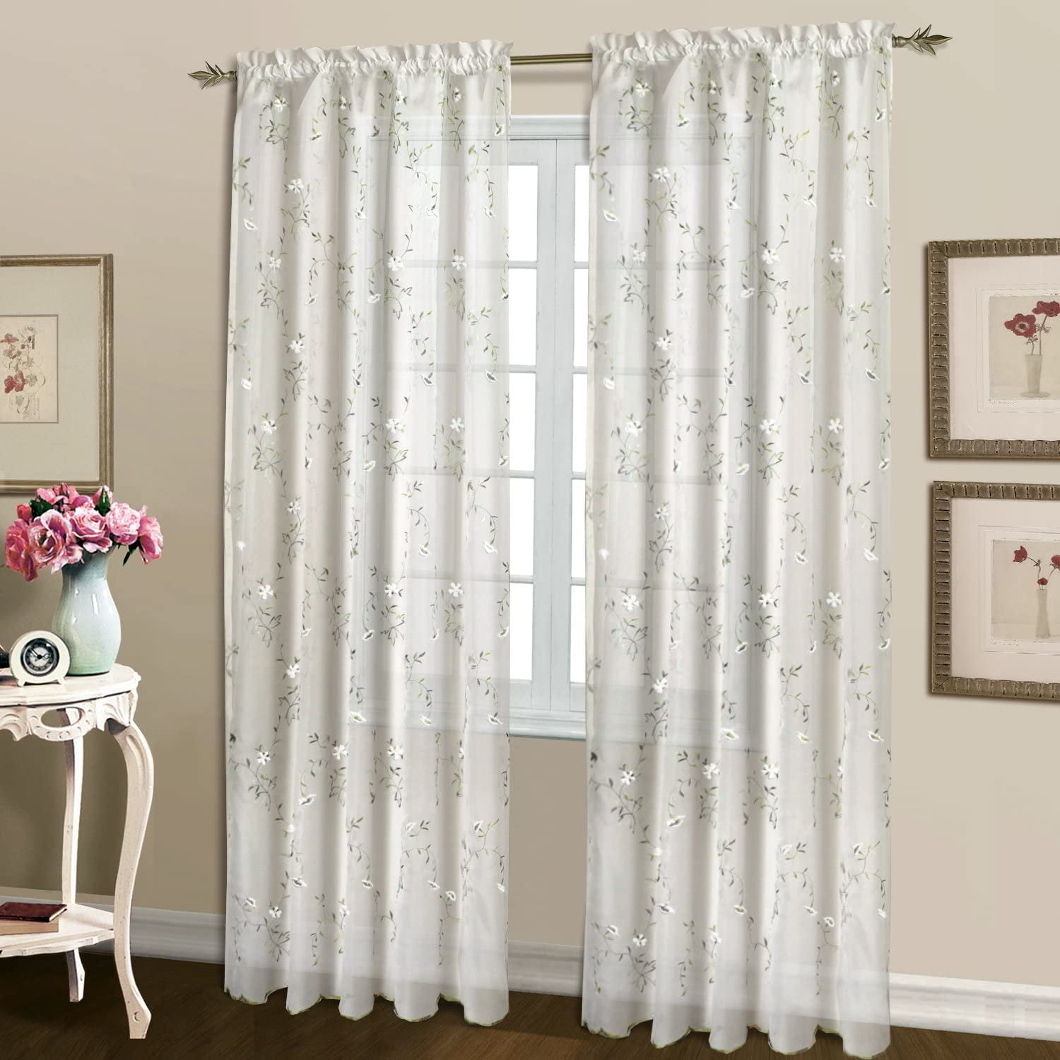 Loretta Embroidered Sheer RodPocket Window Curtain Panel, 52 Inches X