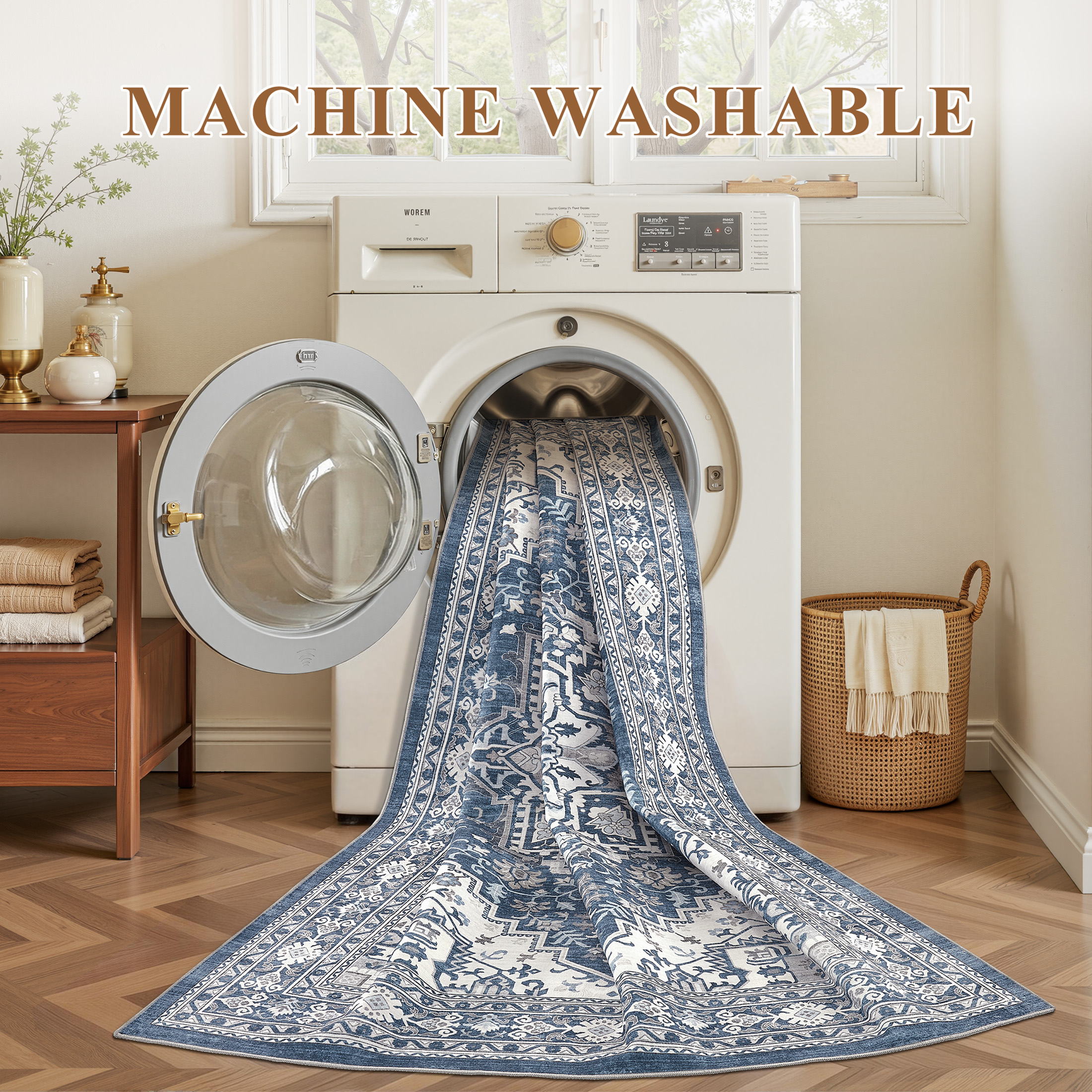 UERMEI 8x10 Washable Area Rugs for Living Room, Modern Vintage Printed Rug, Vacuum-Friendly, Non Slip Indoor Rug for Bedroom Dining Room Home Decor Carpet, Blue