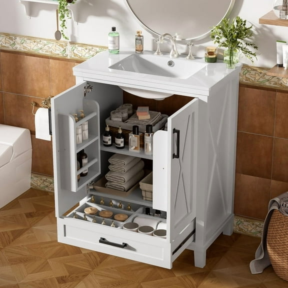 Duxelifin 24" Bathroom Vanity with Sink, Freestanding Bathroom Storage Cabinet with 2 Storage Soft-Close Doors & One Divided Drawer, Modern Single Wood Frame Vanity with Ceramic Basin(White)