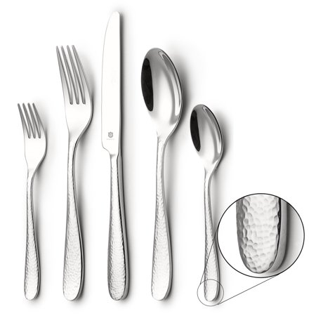 DANIALLI 20-Piece Silverware Set For 4, Modern Hammered Design Flatware Set, 18 10 Stainless Steel Utensils, Include Knife/Fork/Spoon, Mirror Polished Set of Cutlery, Dishwasher