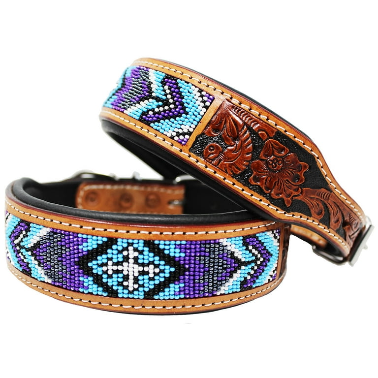 CHALLENGER Large 21''- 25'' Hand Tooled Beaded Padded Leather Dog  Collar 60124 : Pet Supplies