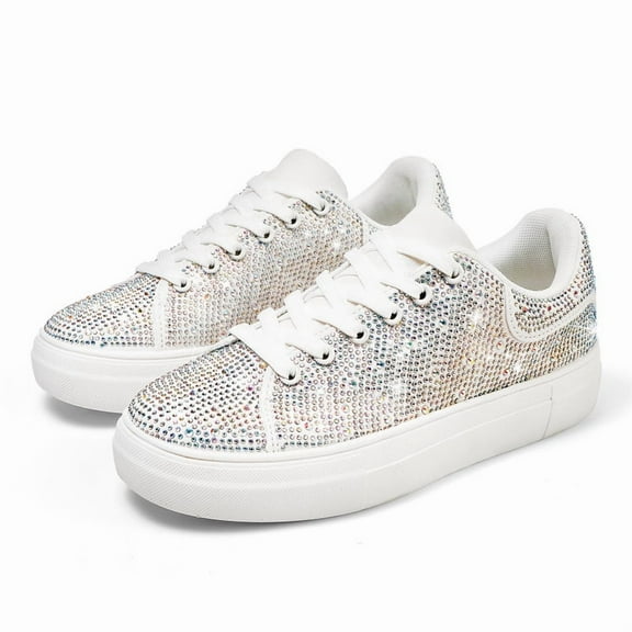 Stepedia Rhinestone Sneakers for Women Glitter Sparkle Tennis Shoes Platform Shoes for Walking Wedding Party Bride Dress, White Size 7