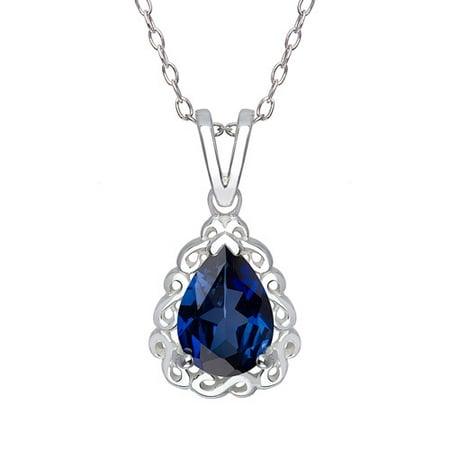 Created Blue Sapphire Pear-Shape with Swirl frame Pendant, 18