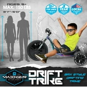 Madd Gear Drift Trike - Strong Steel Frame Tricycle - Adjustable Seat Black Green Machine for 5 Yrs + Neochrome