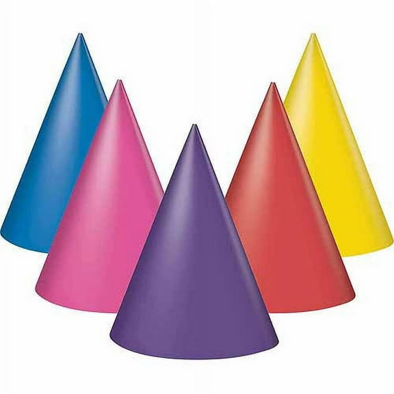 Unique Industries Assorted Colors Solid Print Birthday Party Hats, 8 Count