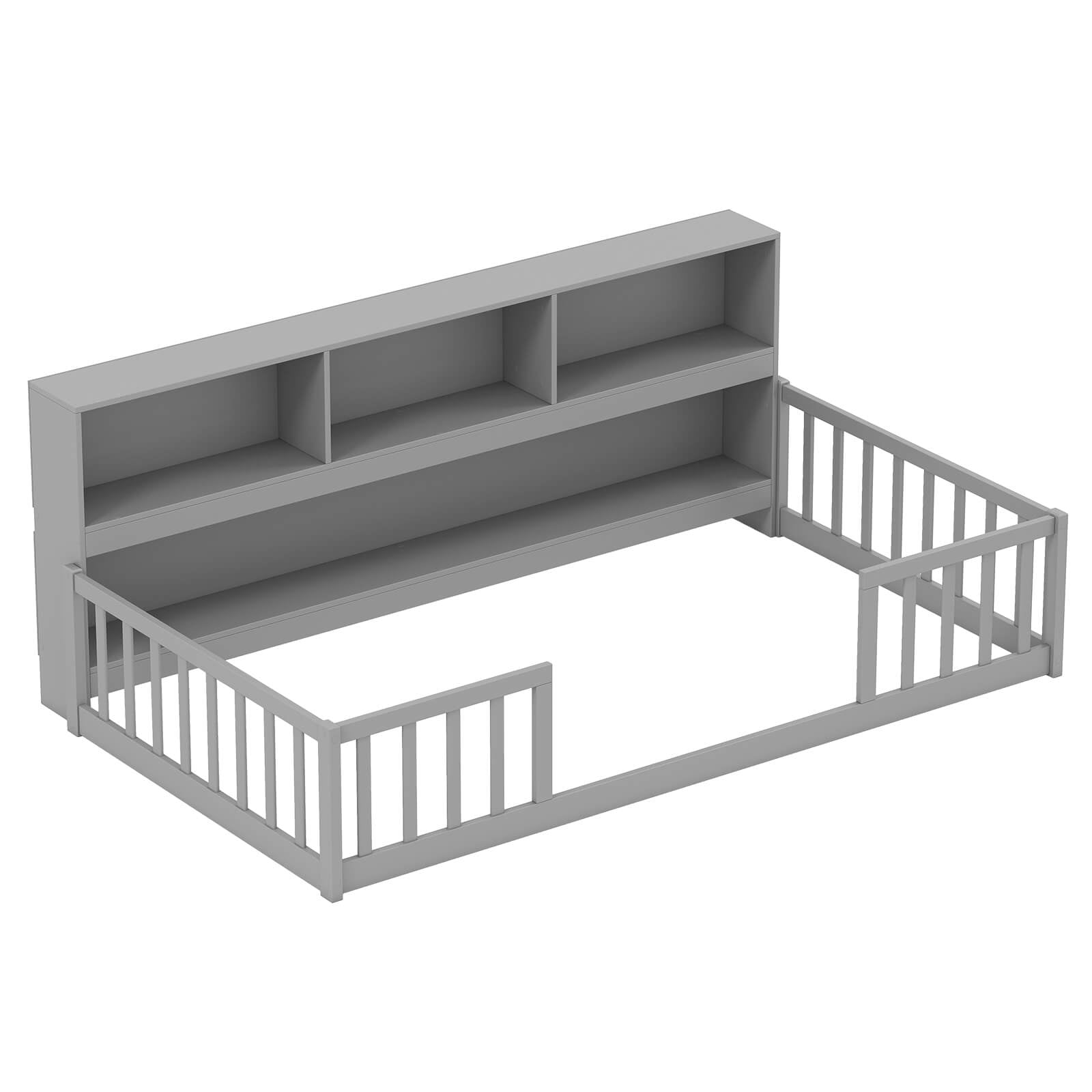 Costway Twin Size Montessori Floor Bed with Bookcase Storage Shelves & Safety Fence Rails Gray