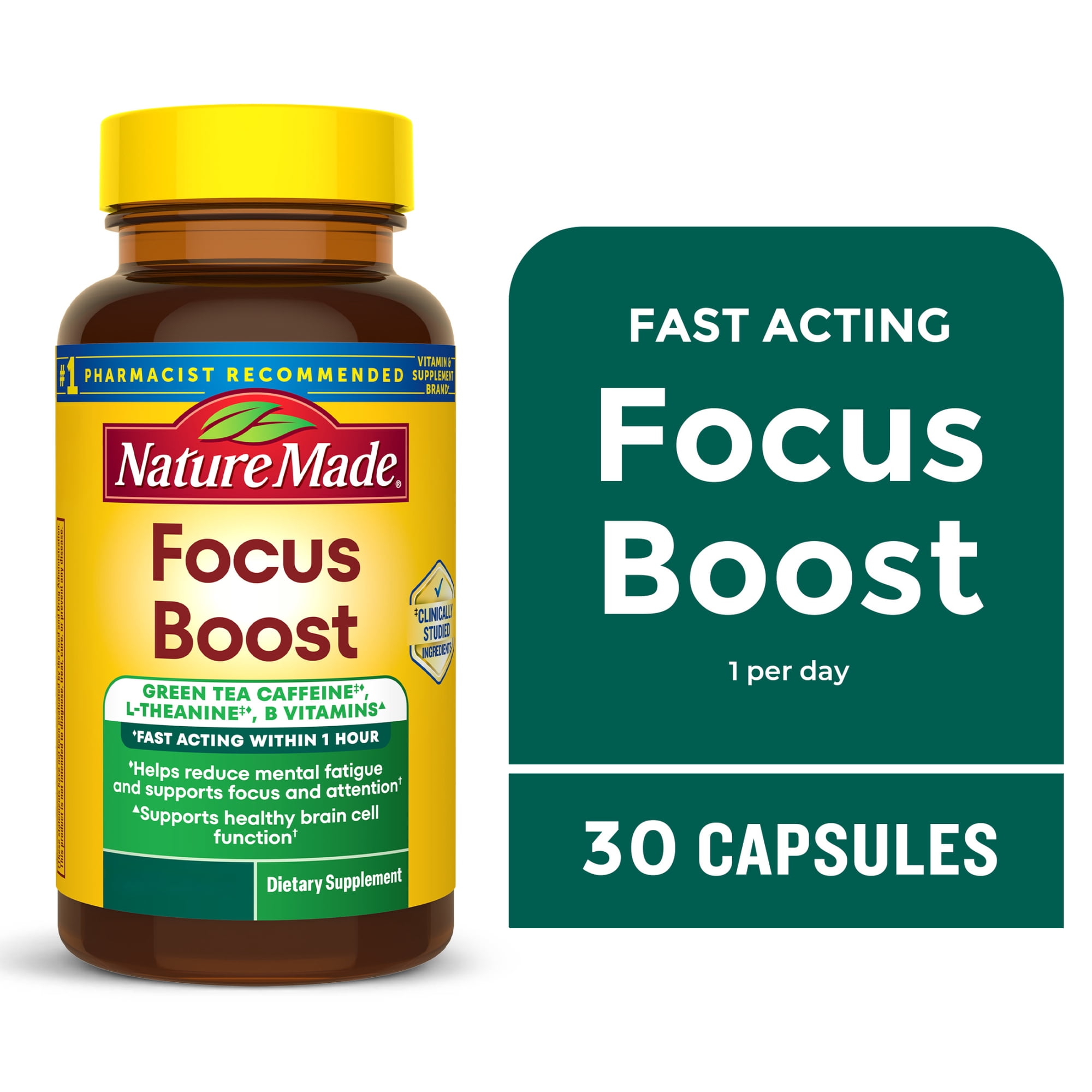 Nature Made Focus Boost Capsules Fast Acting Green Tea Caffeine + L Theanine, 30 Count