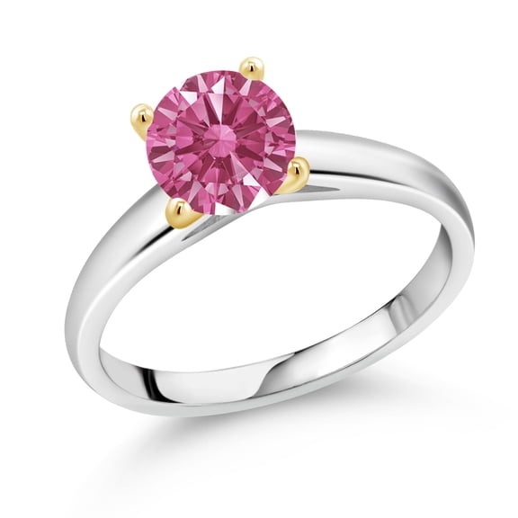 Gem Stone King 10K White and Yellow Gold Ring Solitaire Ring Set With 7mm Round Red Zirconia (Size 9)