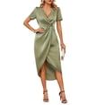 thumbnail image 2 of Women's Pleated Midi Dress, V Neck Short Sleeve Satin Slim Fit Dress, Glamorous Dress for Cocktail Party or Dinner, Light Green - 2XL, 2 of 7