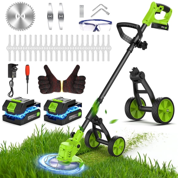 Fovendi 6 inch Electric Weed Wacker, Cordless String Trimmer with Wheels & Grass Trimmer/Brush Cutter, Weed Eater with 3 Types of Blades for Lawn Yard Garden