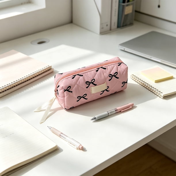 Bowknot Pencil Case For Girls Quilted Cottons Pen Bag Cute Large Capacity Stationery Organizer For Students Cosmetic Makeup Pouch With Zipper