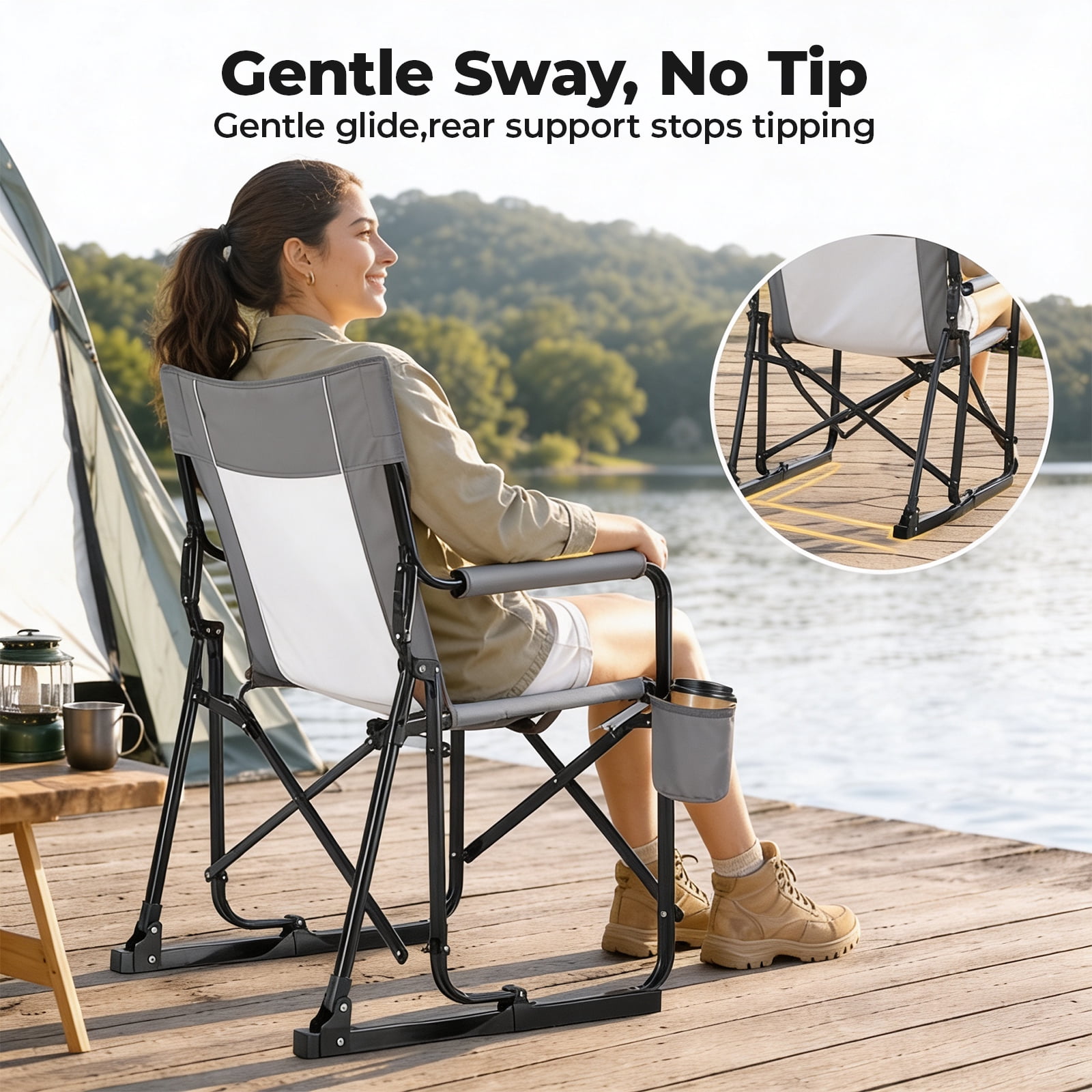 Alvantor Outdoor Folding Rocking Camping Chair, Portable Mesh Lawn Chairs with Comfortable Mesh Backrest, Waterproof Armrests and Sturdy Frame