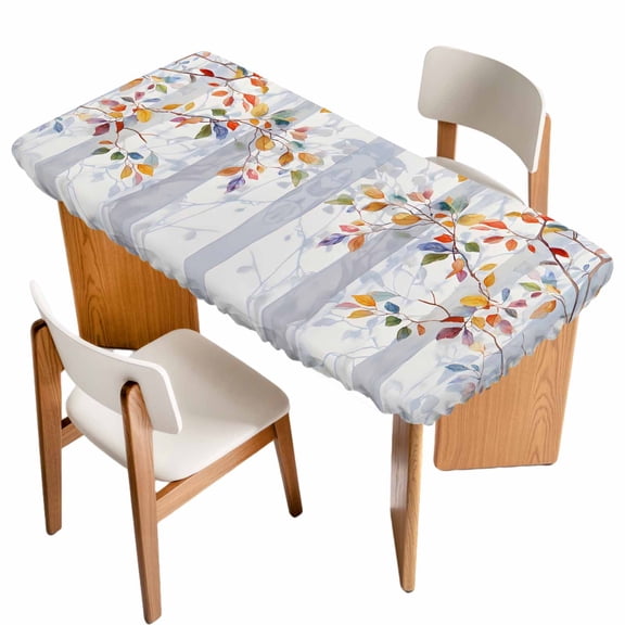 Colorful Leaves Table Cloths for 4 Foot Rectangle Tables, Modern Abstract Spring Nature Tree Branch Patio Waterproof Elastic Fitted Tablecloths, Washable Rectangular Table Cover for Camping