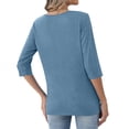thumbnail image 4 of Womens 3/4 Sleeve T-Shirts Summer V Neck Buttons Tops Solid Color Basic Tee Shirts, Light Blue 5XL, 4 of 5