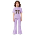 thumbnail image 3 of EnJoCho Girls Cute 2 Piece Outfits Teens Bow Graphic Sweatsuit Kids Summer Tracksui𝗍 Casual Short Sleeve Tops Flare Pants Set Girls Shorts Sleeve Tops Pants Set, 3 of 5