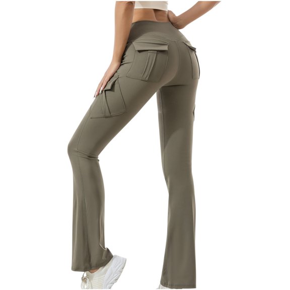 RYRJJ Yoga Flare Leggings for Women High Waisted Athletic Casual Pants Workout Leggings Cargo with Multi Pockets Bootcut Yoga Pants(Green,L)
