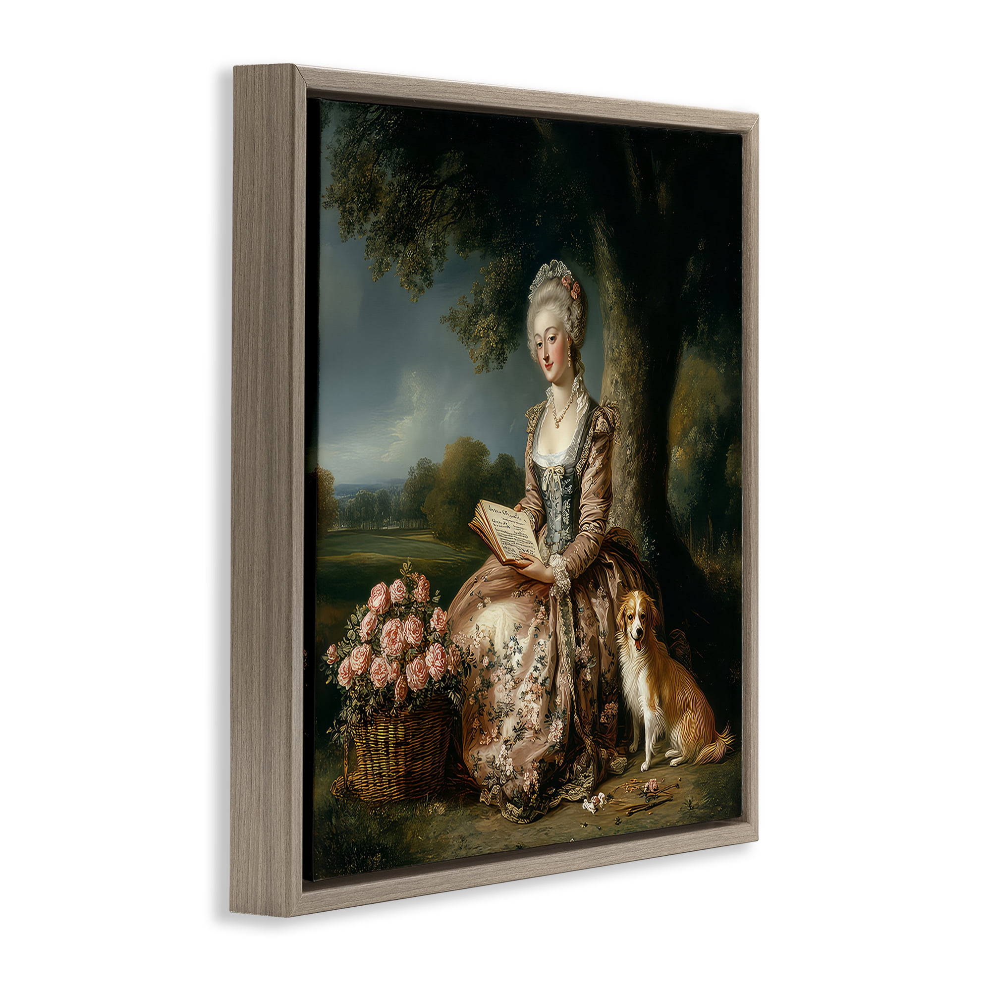 Stupell Industries Rococo Woman with Dog Brown Framed Floater Canvas Wall Art, design by The Wands Want