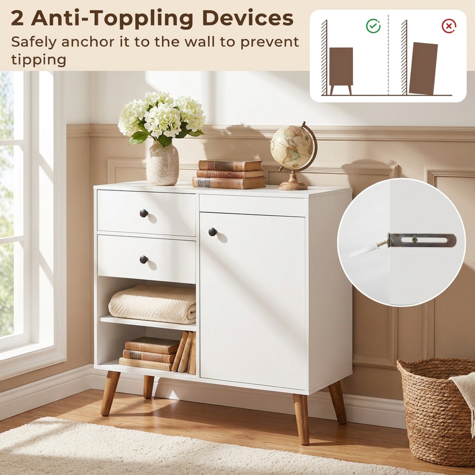 Furnibear 31" Sideboard Cabinet with 2 Open Compartments and 2 Drawers for Kitchen Dining Living Room Buffet Storage Server, White