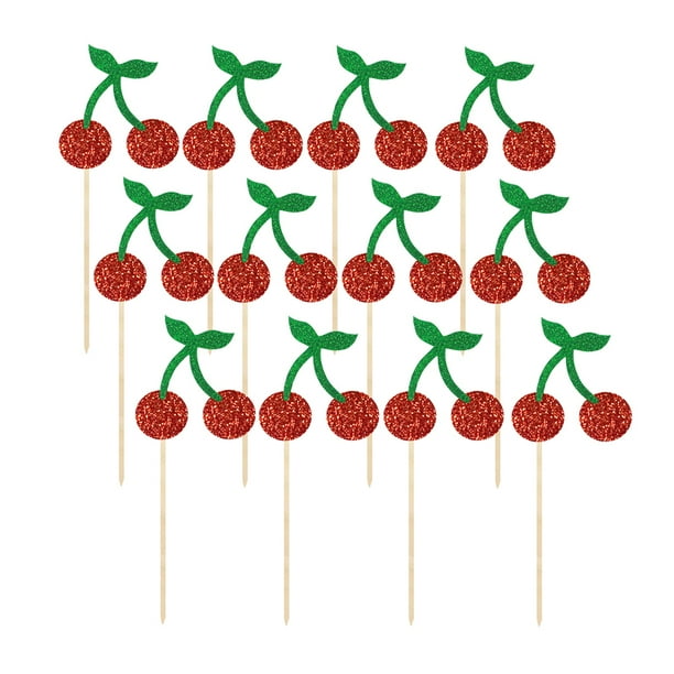 Paquete de 12 piezas en 1 con diseño de cerezas, para tartas de fiesta, con purpurina, para decoración de tartas, ideal para fiestas.