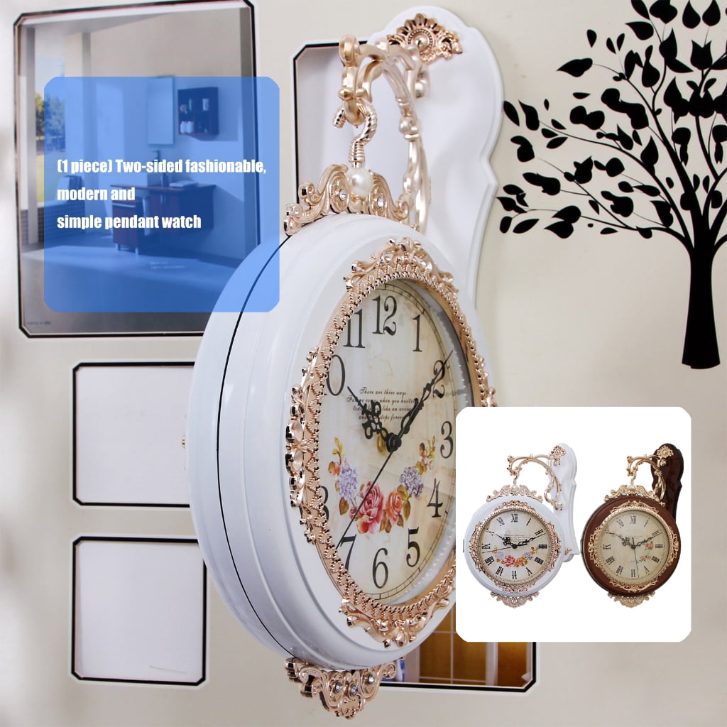 PatungKu European Antique Quiet Double View Wall Clock For Bedroom Dining Room Decors