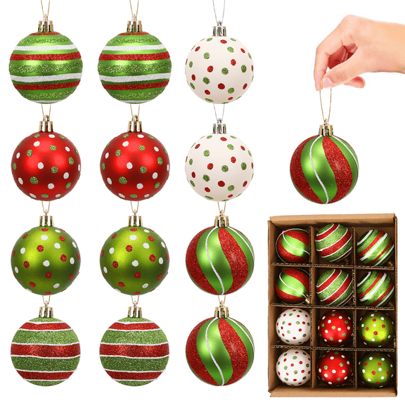 GOBWCOT 12 Pieces Christmas Ball Decorations, 2.36 Inch Glitter Hanging Christmas Balls, Striped Polka Dot Christmas Tree Decoration Balls for Holiday Parties