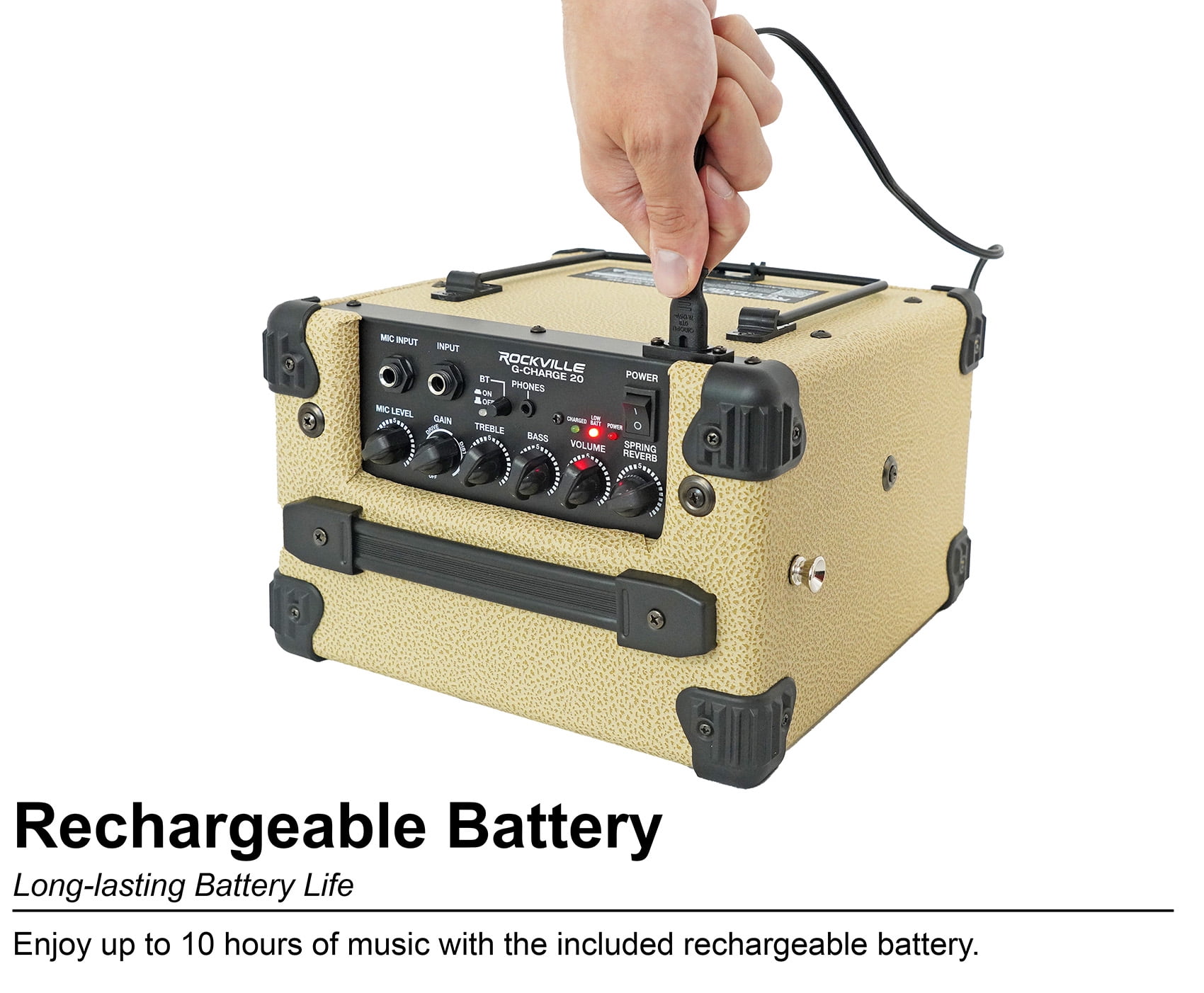 Rockville G-CHARGE 20 BEIGE Rechargeable Guitar Amplifier Spring Reverb+Mic Input