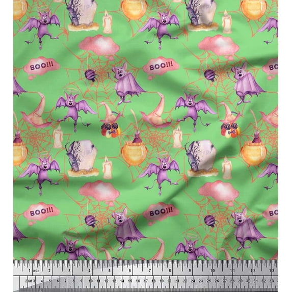 Soimoi Polyester Crepe Fabric Bat,Witch Hat & Magic Potion Halloween Print Fabric by The Yard 52 Inch Wide