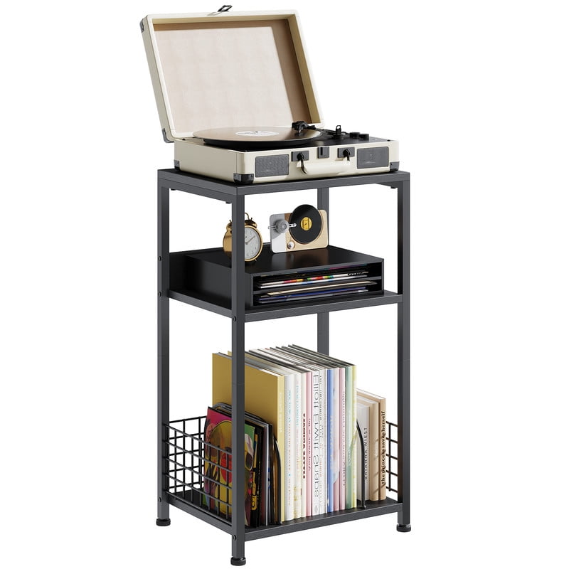 Gianna Record Player Stand, 3 Tier Turntable Table with Vinyl Storage for up to 100 Albums, End Side Table for Living Room，Black