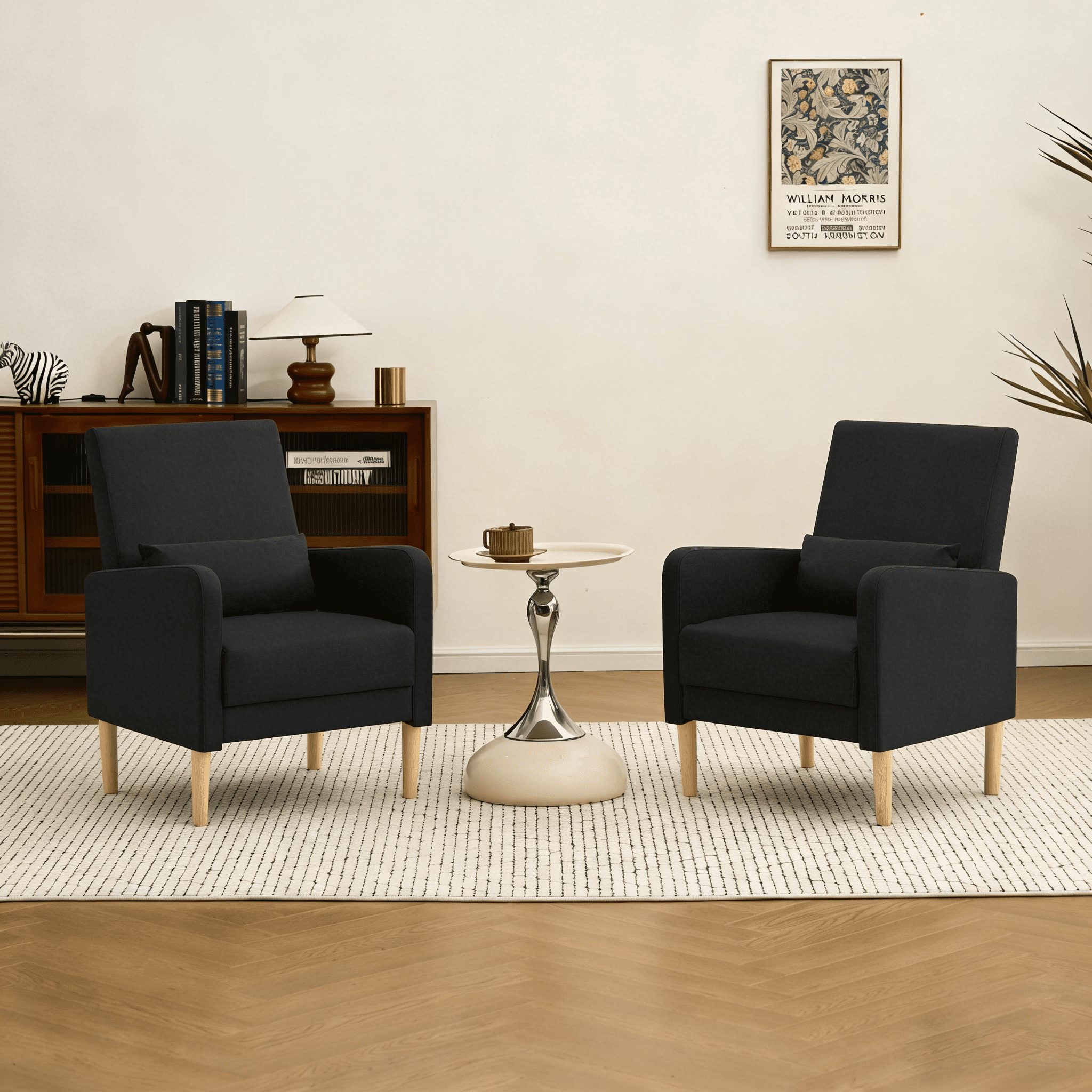 Gewnee 26.5"Wide Modern Armchair Set of 2,Compact Comfy Reading Chair with Solid Wood Frame & Pillow,Small Lounge Chairs for Living Room,Bedroom,Easy Assembly,Black