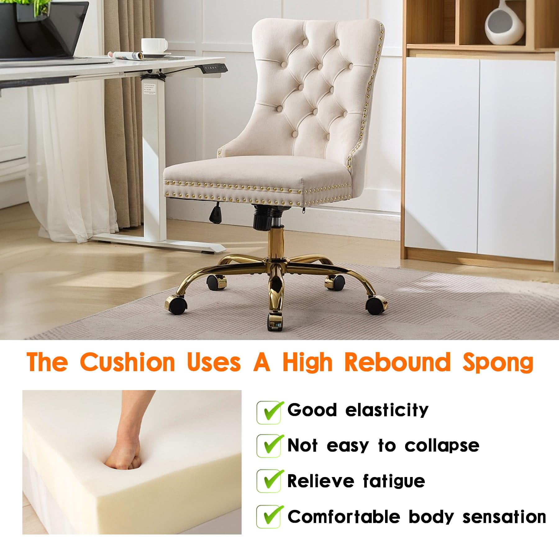 Pawverly Velvet Upholstered Office Chair, Tufted Button Swivel Desk Chair with Adjustable Height, Gold Metal Base & Wheels, Modern Vanity Chair, Beige