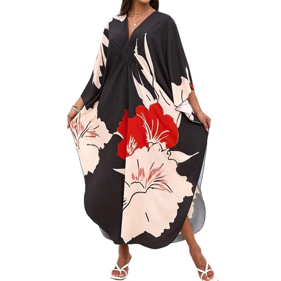 Women's Plus Size Cover Up Dress Boho Print Maxi Dress Lightweight V-Neck Sundress Loose Resort Wear Multicolor Free Size
