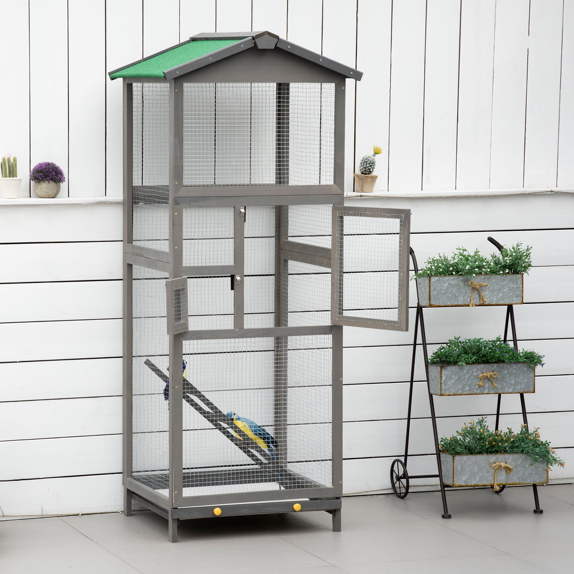PawHut 65" Wooden Bird Cages Outdoor Finches Aviary Birdcage with Tray
