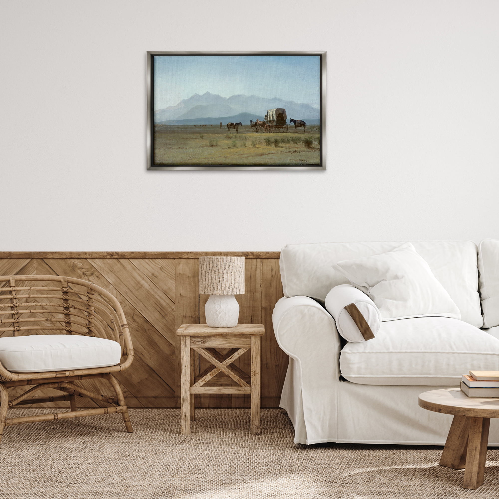 Stupell Industries Classic Bierstadt Surveyor's Wagon Landscape & Nature Painting Gray Floater Framed Canvas Art Print Wall Art, 31 x 21