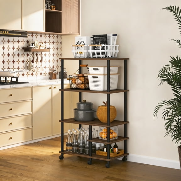 HOMLUX 4-Tier Toolless Kitchen Storage Shelf Cart, Rolling Pantry Cart with Side Shelf, Microwave & Coffee Bar Organizer, Gray/Black
