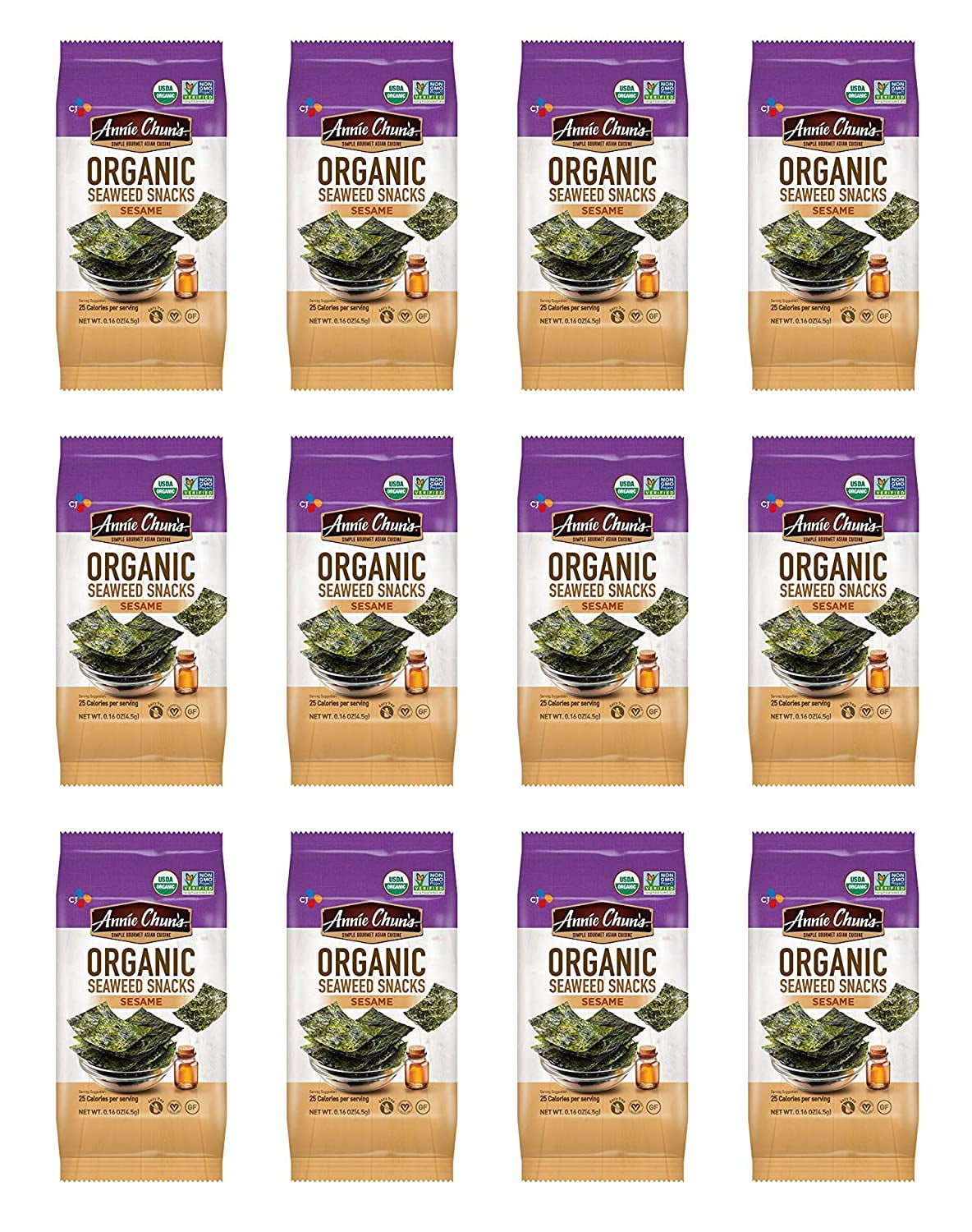 Annie Chuns Organic Seaweed Snacks, Sesame, 0.16 oz (Pack of 12