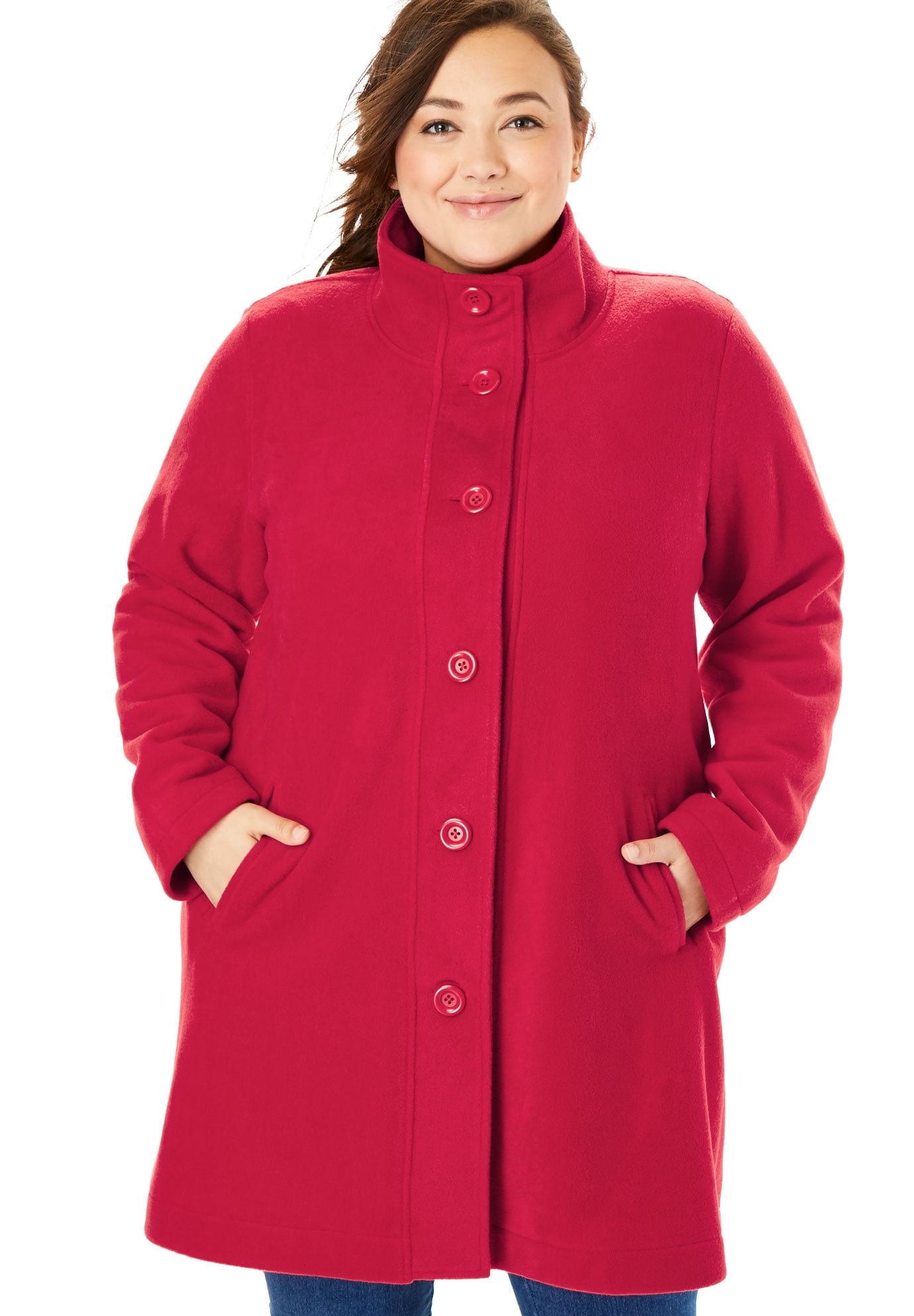 Woman Within Womens Plus Size Fleece Swing Funnel-Neck Coat