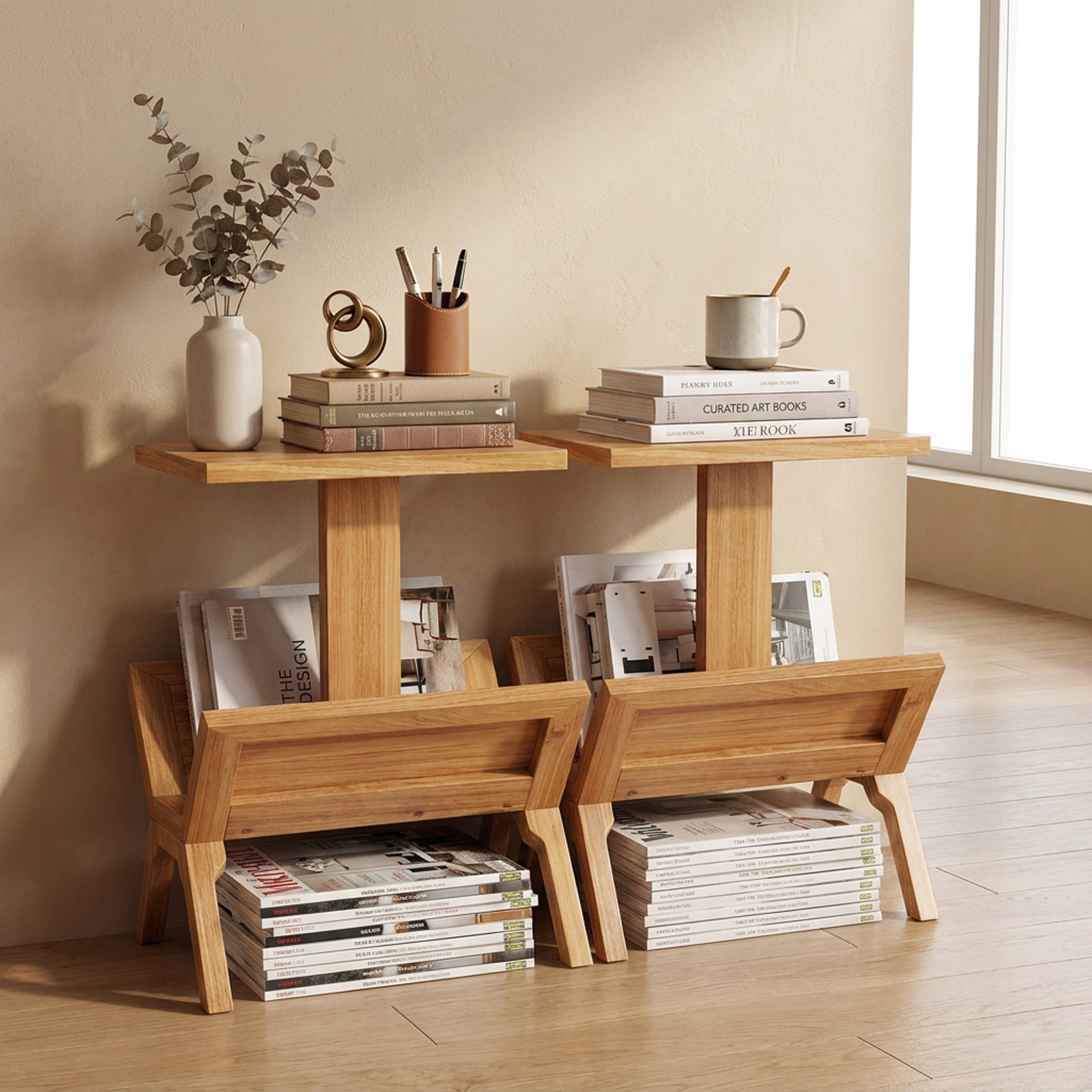 Furnibear 2 Tier Side Table with Magazine Rack and Solid Teak Wood Frame for Living Room Bedroom and Home Office Reading Nook, Natural