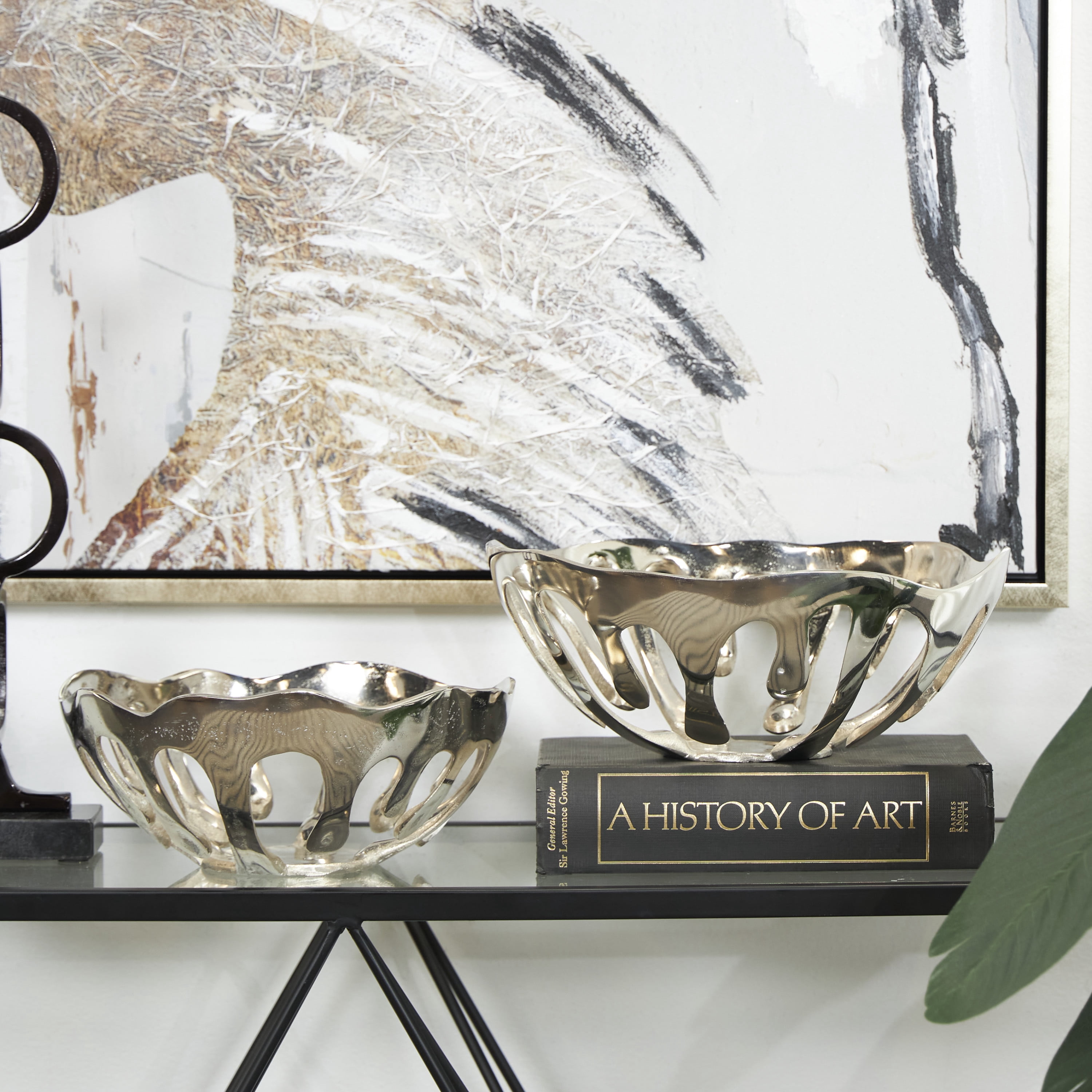 DecMode 13", 11"H Asymmetrical Drip Silver Aluminum Decorative Bowl with Melting Designed Body, Set of 2